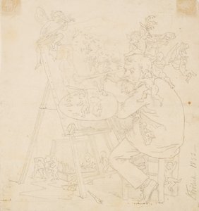 Pintor trabajando rodeado de elfos y otras criaturas de Lorenz Frølich
