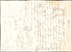 Bocetos de muebles dibujados sobre una carta de Lorenz Frølich