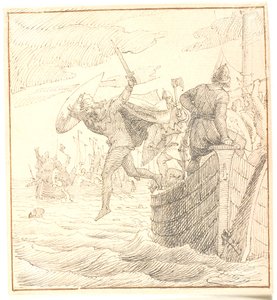 Olaf Tryggvesen saltando por la borda durante la batalla de Svolder de Lorenz Frølich