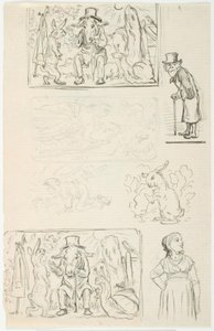 Siete bocetos, entre ellos para Los corredores rápidos de H.C. Andersen, El caracol y el seto de rosas y Anne Lisbeth de Lorenz Frølich