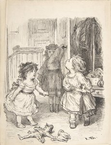 Tres niñas pequeñas en una habitación discutiendo y escupiendo, 1835-1903 de Lorenz Frølich