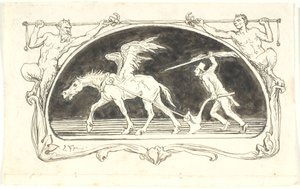 Viñeta con un Pegaso agotado frente a un arado, impulsado por un hombre con sombrero alto, armado con una gran pluma de Lorenz Frølich