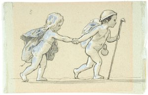 Viñeta con niño y niña caminando, tomados de la mano