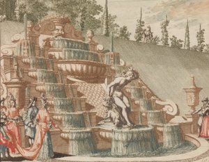 La cascada de Narciso, en el lado este del Gran Jardín, en: Escenario de los más importantes, s.f. de Lorenz Scherm