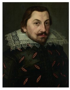Retrato de un hombre, de busto, con jubón de seda negro acuchillado y cuello alto de encaje Puntonari