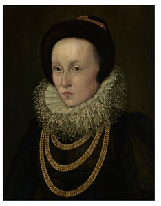 Retrato de mujer, de busto, con gola de encaje y cadenas de oro