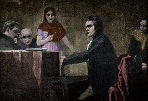 Ludwig van Beethoven toca la sonata Claro de Luna - grabado según Lorenz Vogel - Ludwig van Beethoven (1770-1827), músico alemán, tocando la sonata en UT menor (Claro de Luna - Moonlight) según la pintura de Lorenz Vogel (1846-1902) de Lorenz Vogel