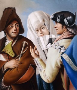 Un caballero con un gorro frigio siendo abordado por un caballero con un abrigo amarillo y sombrero tricorne negro con una dama con un vestido de brocado azul y mantilla blanca