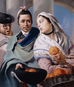 Una niña con un vestido rosa y chal blanco ofreciendo naranjas a un caballero con una capa verde sosteniendo un sombrero tricorne observado por un caballero con un monóculo