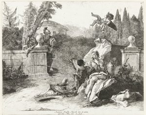 Rinaldo y Armida son espiados por Ubaldo y Carlo de Lorenzo Baldissera Tiepolo