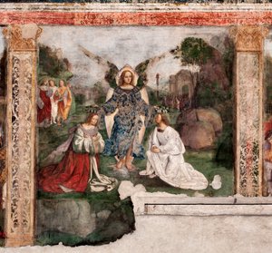 Vida de Santa Cecilia: la santa y San Valeriano coronados por un ángel de Lorenzo Costa