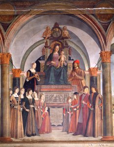 Virgen con el Niño con ángeles, de Lorenzo Costa (hacia 1537-1583), capilla del Bentivoglio en la iglesia de San Giacomo Maggiore, Bolonia, Italia de Lorenzo Costa