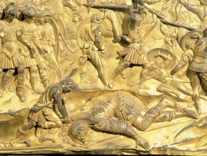 David y Goliat, detalle del panel original de las Puertas del Este del Baptisterio, 1425-52 (post restauración) de Lorenzo Ghiberti