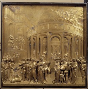 Historia de la vida de José. La cosecha de trigo: los campesinos traen los sacos de cereales. Panel original de la puerta del Paraíso de Lorenzo Ghiberti