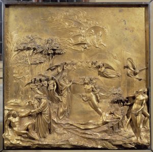 Historia de la vida de Adán: el nacimiento de Adán, la creación de Eva y Adán y Eva expulsados del Paraíso. Panel original de la puerta del Paraíso de Lorenzo Ghiberti