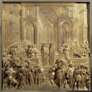El encuentro del rey Salomón y la reina de Saba. Panel original de la puerta del Paraíso de Lorenzo Ghiberti