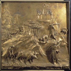 Vida de Caín y Abel: el sacrificio, el asesinato de Abel y Dios desterrando a Caín. Panel original de la puerta del Paraíso de Lorenzo Ghiberti