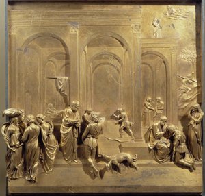 Vida de Jacob y Esaú: Esaú vende su primogenitura e Isaac bendice a Jacob. Panel original de la puerta del Paraíso de Lorenzo Ghiberti