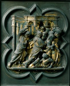 Puerta norte (llamada Puerta de la Cruz, en el norte), detalle exterior: Jesús expulsando a los mercaderes del templo. Escultura de bronce hecha por Lorenzo Ghiberti (1378-1455) de Lorenzo Ghiberti