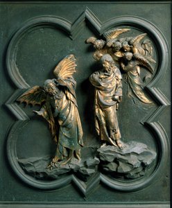 North Gate (llamada Gate of the Cross, en el Norte), detalle exterior: "la tentación de Cristo" Escultura de bronce hecha por Lorenzo Ghiberti (1378-1455) de Lorenzo Ghiberti
