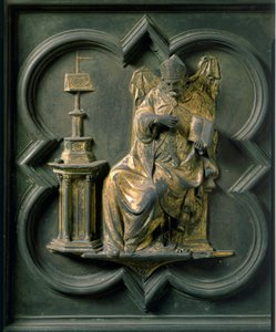 Puerta Norte (llamada Puerta de la Cruz, al Norte), detalle exterior: San Agustín. Escultura de bronce realizada por Lorenzo Ghiberti (1378-1455)
