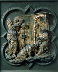 Puerta Norte (llamada Puerta de la Cruz, al norte), detalle exterior: Adoración de los Magos. Escultura de bronce hecha por Lorenzo Ghiberti de Lorenzo Ghiberti