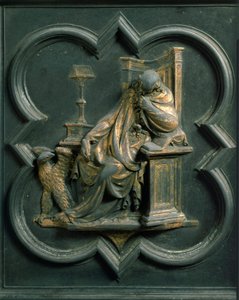 Puerta norte (llamada Puerta de la Cruz, en el norte), detalle exterior: San Juan Evangelista. Escultura de bronce hecha por Lorenzo Ghiberti (1378-1455) de Lorenzo Ghiberti