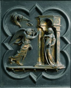 Puerta Norte (llamada Puerta de la Cruz, al Norte), detalle exterior: la Anunciación. Escultura de bronce de Lorenzo Ghiberti (1378-1455) de Lorenzo Ghiberti