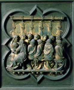 Puerta norte (llamada Puerta de la Cruz, en el norte), detalle exterior: la Cena. Escultura de bronce hecha por Lorenzo Ghiberti (1378-1455) de Lorenzo Ghiberti