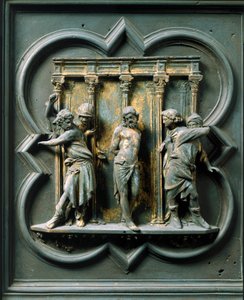 Puerta norte (llamada Puerta de la Cruz, en el norte), detalle exterior: la flagelación. Escultura de bronce hecha por Lorenzo Ghiberti (1378-1455) de Lorenzo Ghiberti