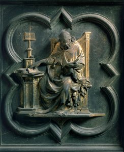 Puerta Norte (llamada Puerta de la Cruz, norte), detalle exterior: San Ambrosio. Escultura de bronce hecha por Lorenzo Ghiberti (1378-1455)
