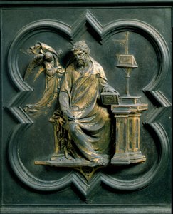 Puerta Norte (llamada Puerta de la Cruz, al Norte), detalle exterior: San Mateo. Escultura de bronce de Lorenzo Ghiberti (1378-1455)