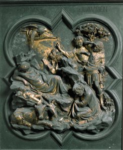 Puerta Norte (llamada Puerta de la Cruz, al Norte), detalle exterior: la Natividad. Escultura de bronce realizada por Lorenzo Ghiberti (1378-1455) de Lorenzo Ghiberti