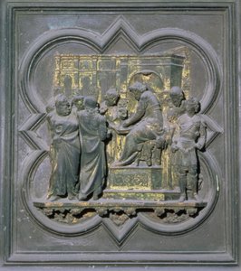 Poncio Pilato lavándose las manos antes de Cristo, decimosexto panel de las Puertas Norte del Baptisterio de San Giovanni, 1403-24
