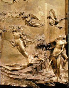La historia de Adán, detalle de la Creación de Eva y La Expulsión, de uno de los paneles originales de las Puertas del Este del Baptisterio