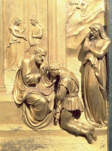 La historia de Jacob y Esaú, detalle de Isaac bendiciendo a Jacob (post restauración)