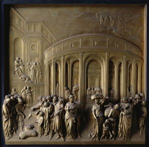 La historia de José: José vendido como esclavo, el hallazgo de la copa de plata y José reconocido por sus hermanos, uno de los diez paneles de relieve de las Puertas del Paraíso de Lorenzo Ghiberti