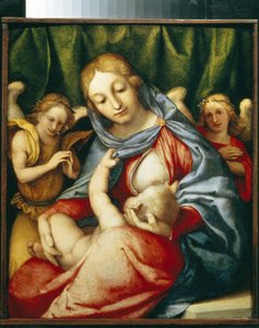 La Virgen mamando. (Madonna Del Latte). Pintura de Lorenzo Lotto (1480-1556), óleo sobre lienzo, hacia 1520. Arte italiano (Venecia) de Lorenzo Lotto
