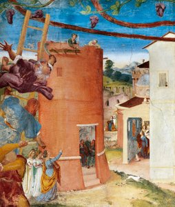 Santa Bárbara en la torre (detalle) de Cristo-Vid y Leyenda de Santa Bárbara por Lorenzo Lotto de Lorenzo Lotto