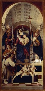 La Virgen y el Niño con Santa Dominica, San Gregorio y San Urbano - Parte central del políptico de Recanati de Lorenzo Lotto