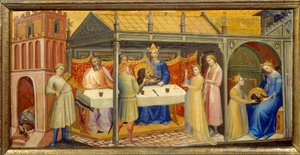 Banquete de Herodes: La hija de Herodías (Salomé), invitada a bailar durante el cumpleaños de Herodes, seduce a Herodes, quien promete darle todo lo que pida. Ella responde, instigada por su madre: 