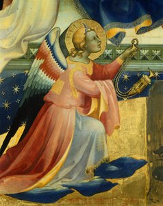 Ángel arrodillado, detalle del panel central de la Coronación de la Virgen de Lorenzo Mónaco (hacia 1370-1425), temple y oro sobre tabla, 506x447, 5 cm de Lorenzo Monaco