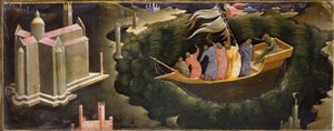 Representación de San Nicolás calmando la tempestad. Nicolás de Myra (o Nicolás de Bari) rescatando un barco del naufragio