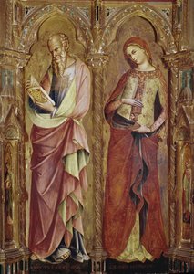 San Juan Evangelista y Santa María Magdalena - Detalle del políptico de la Anunciación (1357, temple y pan de oro sobre madera) de Lorenzo Veneziano