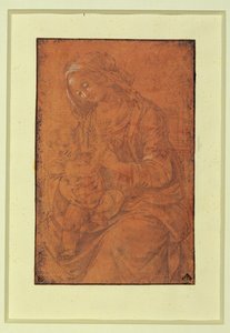 Madonna. Plumín plateado, realzado en blanco sobre papel rosa salmón ... de Lorenzo di Credi