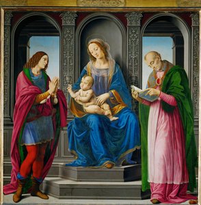 Virgen con el Niño, rodeada de San Julián y San Nicolás de Myra ... de Lorenzo di Credi