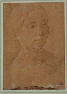Retrato de mujer, cara de tres cuartos, pelo recogido en una red ... de Lorenzo di Credi