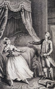 Pareja frente a la cama del dormitorio - en "Les françaises ou 34 examples chosen in the current mores fit to lead daughters, women, wives, mothers" por Restif de La Bretonne (1734-1806), ill. por Binet, Neufchatel