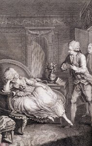 Gentilhombre declarando su amor a una dama languideciendo en una pastora - en “Les francaises ou 34 ejemplos elegidos en las costumbres actuales adecuadas para guiar a hijas, esposas, madres” de Restif de La Bretonne (1734-1806), ilustrado por Binet, Neufc de Louis (after) Binet