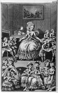 Ilustración de Louis Binet (1744-1800) para el libro de Nicolas Edme Restif de La Bretonne Les Parisiennes, o XL Caracteres Generales Tomados en los Moros Modernos, aptos para servir a la instrucción de las Personas-del-Sexo, extraídos de los memoires du n de Louis (after) Binet